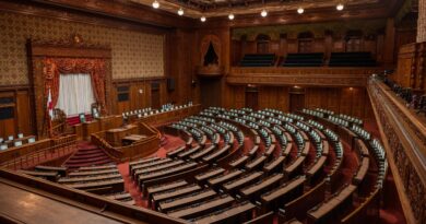 Captivating wide-angle view of a classic legislative assembly hall with ornate wood design.