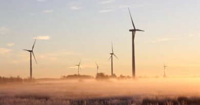 Wind turbines stand tall amidst a misty, sunrise landscape in Ontario, Canada, showcasing renewable energy.