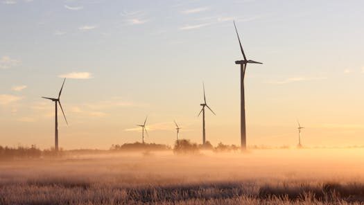 Wind turbines stand tall amidst a misty, sunrise landscape in Ontario, Canada, showcasing renewable energy.
